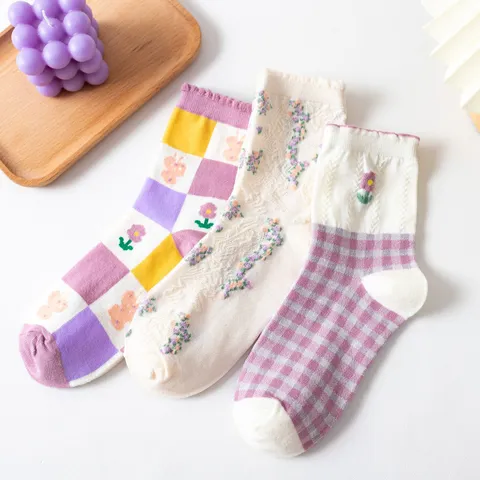 Women Vintage Cotton Crew Socks Japanese Mori Kei Style Plaid Flower Embroidery Ruffle Trim Mid-Calf Casual Socks For Autumn Winter