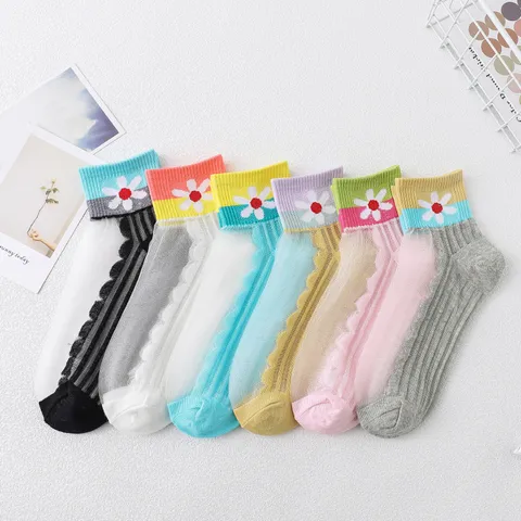 Women Sunflower Invisible Ankle Socks Cotton Patchwork Glass Silk Low Cut Boat Socks Patchwork Frill Trim Hosiery For Summer Wear