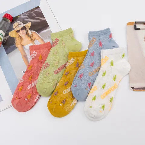 Women Breathable Mesh Ankle Socks Star Letter Pattern Cotton Low Cut Boat Socks Japanese Style Summer Thin Casual Socks