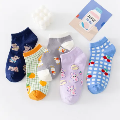 Chaussettes Basses en Coton pour Femmes Mignon Ours Dessin Animé Style Japonais Respirantes Chaussettes de Cheville Motif Animal Fruit Été Décontracté