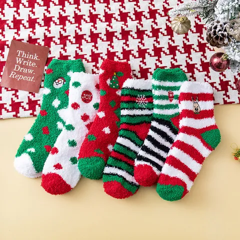Women Sweet Plush Nylon Christmas Floor Socks Embroidered Warm Fluffy Cozy Sleep Socks For Winter Home Festive Decorative Soft Socks