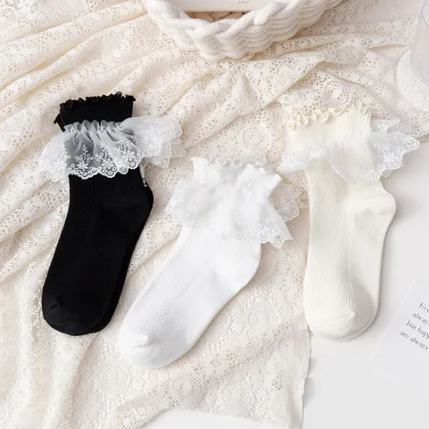 Chaussettes Mi-Mollet Lolita Douces Pour Femmes Uniforme JK Japonais Bordure En Dentelle Volantée Chaussettes En Coton Couleur Unie