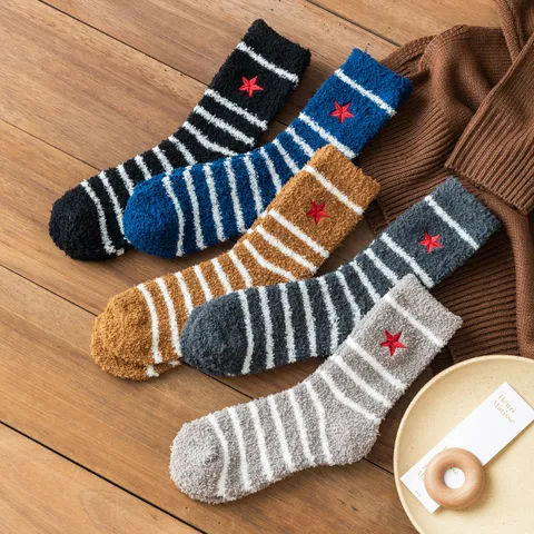 Men Coral Fleece Socks Thickened Warm Mid Calf Floor Socks Star Embroidery Striped Winter Fuzzy Plush Home Sleeping Socks