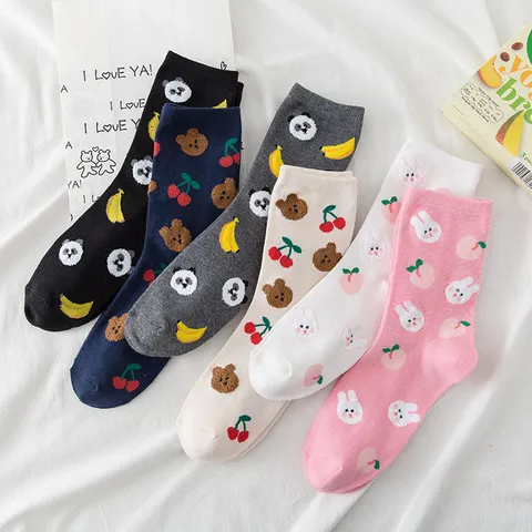 Women Cute Cotton Mid-Calf Socks Casual Cartoon Animal Fruit Pattern Printed Breathable Sweat-Absorbent Crew Socks For Girls Everyday Wear