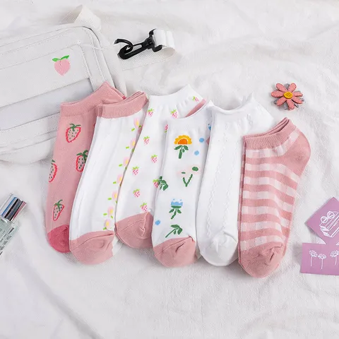 Japanese Cute Cotton Strawberry Low Cut Socks For Women Contrast Stitching Stripe Plaid Breathable Casual Soft Ankle Boat Socks School Girls Socks