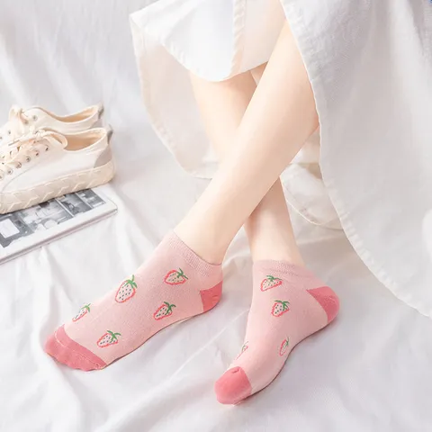 Japanese Cute Cotton Strawberry Low Cut Socks For Women Contrast Stitching Stripe Plaid Breathable Casual Soft Ankle Boat Socks School Girls Socks