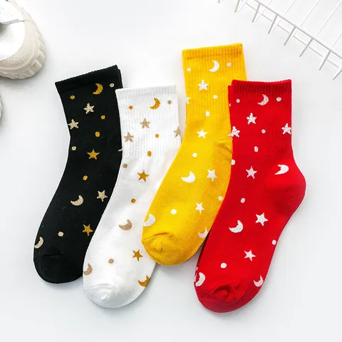 Women Mid Calf Cotton Socks Starry Sky Glitter Pattern Shiny Thread Casual Fashion Streetwear Breathable Stockings
