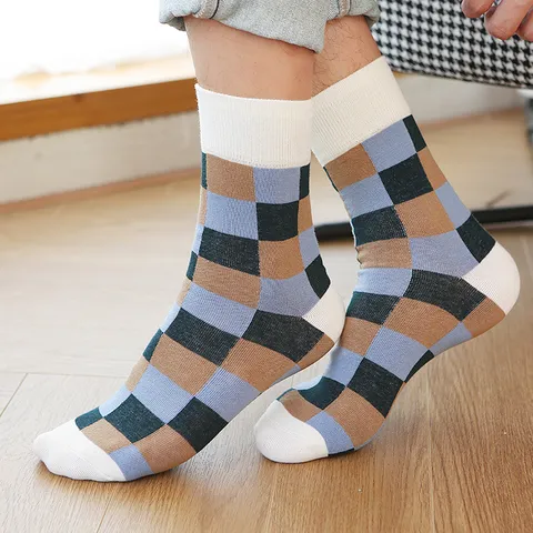 Chaussettes à Carreaux en Coton Style Britannique Rétro pour Hommes Casual Chic Multicolore Color Block Mi Chaussettes