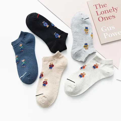 Chaussettes Invisibles Unisexe Décontractées en Mélange de Coton Motif Ours Style Britannique Chaussettes Courtes Hommes Femmes Sport Quotidien