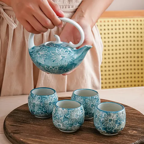 Service à Thé en Céramique Rétro Avec Théière Et Tasses Peint à Main Motif Floral Marguerite Bleu Pour Bureau Maison Cadeau