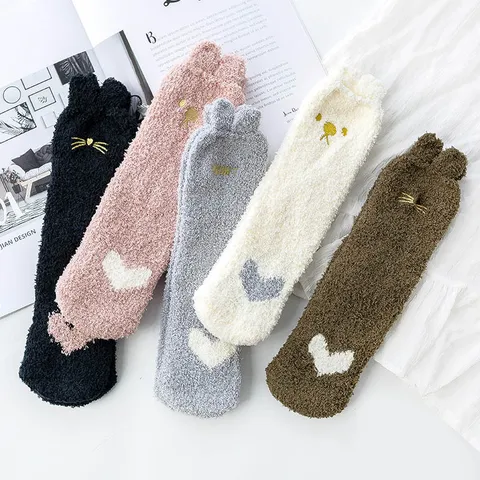 Women Thick Coral Fleece Floor Socks Cute Cartoon Cat Embroidered Heart Japanese Style Cozy Warm Home Terry Towel Socks