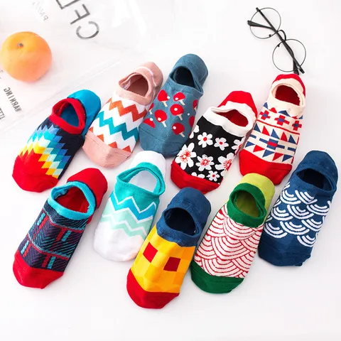 Damen Retro Geometrische Füßlinge Baumwolle Floral Rutschfest Silikon Unsichtbare Liner Socken Lässige Atmungsaktive Kurzsocken