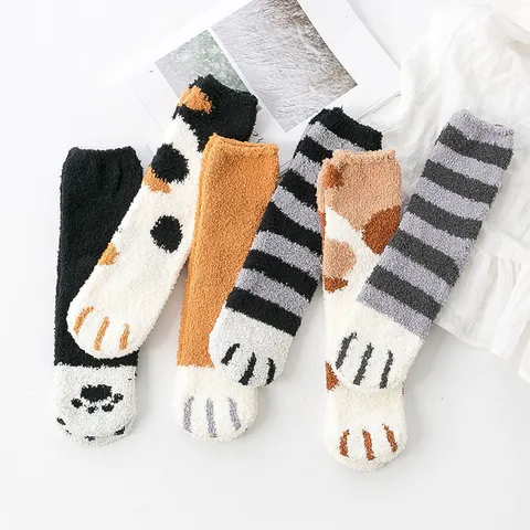 Damen Cartoon Katzenpfote Korallenvlies Bodensocken Verdickt Warm Innen Gestreift Gemütlich Schlafsocken Für Frauen