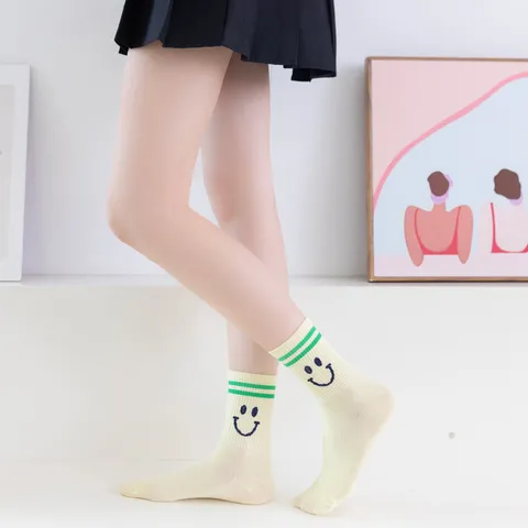 Women's Cute Smiling Face Double Stripe Mid-Tube Cotton Socks Japanese College Style Casual Sports Crew Socks