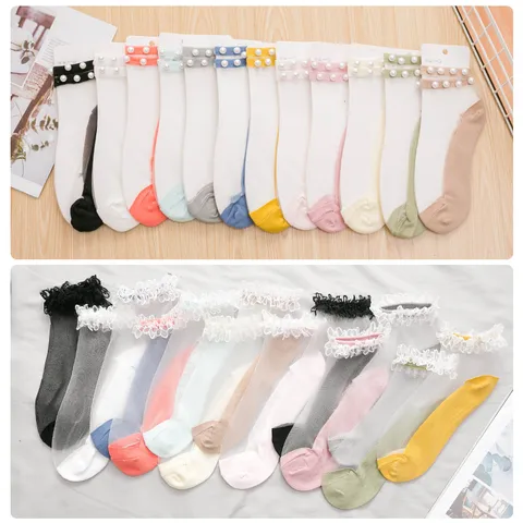 Damen Sommer Dünne Transparente Glasseidensocken Elegante Spitze Künstliche Perlenbesatz Bootsocken Atmungsaktive Flache Kurze Socken