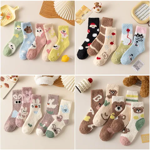 Women Cute Cartoon Coral Fleece Sleep Socks Winter Thickened Warm Plush Floor Socks Kawaii Home Fuzzy Socks