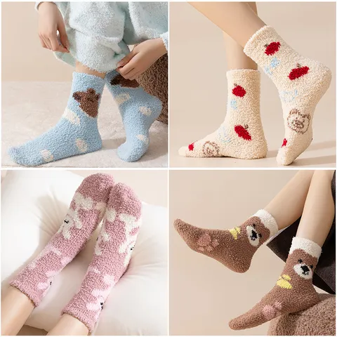 Women Cute Cartoon Coral Fleece Sleep Socks Winter Thickened Warm Plush Floor Socks Kawaii Home Fuzzy Socks