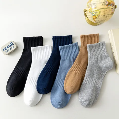 Men Casual Pure Cotton Crew Socks Breathable Anti-Odor Spring Summer Athletic Boat Socks Solid Color Fashion Socks