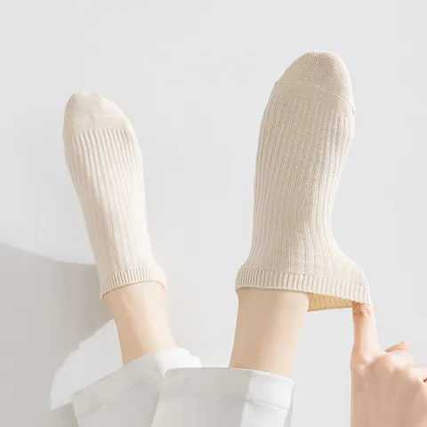 Chaussettes Courtes Côtes Couleur Unie Femme Printemps Été Rétro Coton Chaussettes Bateau Respirantes