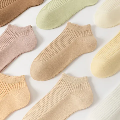Chaussettes Courtes Côtes Couleur Unie Femme Printemps Été Rétro Coton Chaussettes Bateau Respirantes