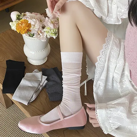 Women Over The Knee High Socks Solid Color Ribbed Mulberry Silk Long Stockings Casual Thin Breathable Leg Warmers