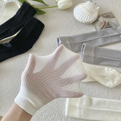 Women Over The Knee High Socks Solid Color Ribbed Mulberry Silk Long Stockings Casual Thin Breathable Leg Warmers