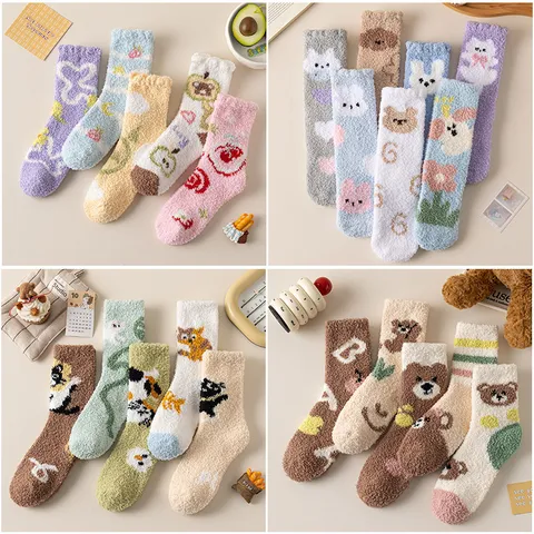 Women Winter Thickened Coral Fleece Sleep Socks Cute Cartoon Animal Print Warm Floor Socks