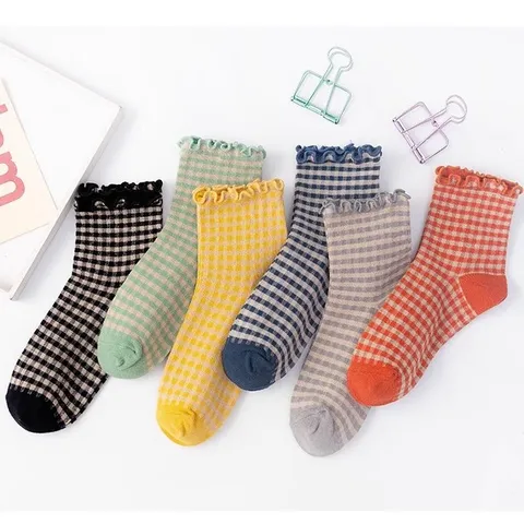 Damen Vintage Karierte Wadenhohe Socken Baumwolle Rollsaum Süßer Japanischer Stil Atmungsaktive Alltäglich Casual Socken