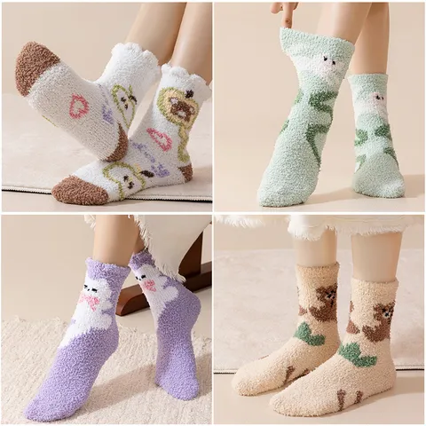 Women Winter Thickened Coral Fleece Sleep Socks Cute Cartoon Animal Print Warm Floor Socks