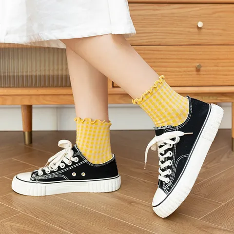 Damen Vintage Karierte Wadenhohe Socken Baumwolle Rollsaum Süßer Japanischer Stil Atmungsaktive Alltäglich Casual Socken