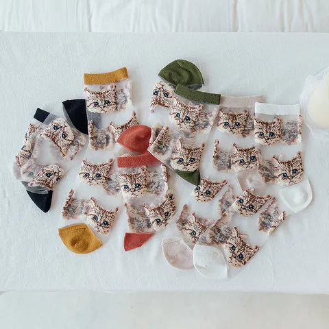 Damen Transparent Glass Seide Wadenlange Socken Süße Cartoon Katze Bär Muster Atmungsaktive Mesh Dünne Baumwolle Socken Sommer