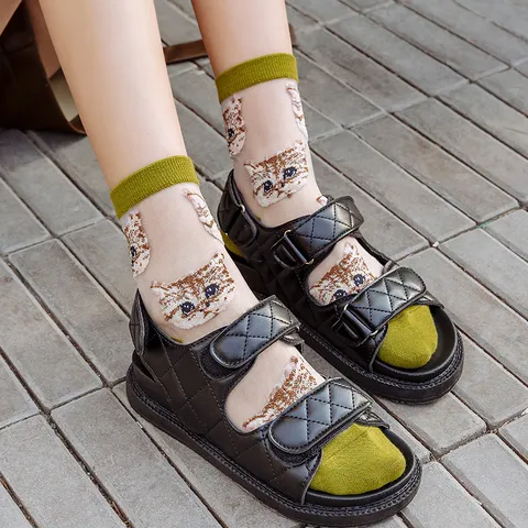 Damen Transparent Glass Seide Wadenlange Socken Süße Cartoon Katze Bär Muster Atmungsaktive Mesh Dünne Baumwolle Socken Sommer