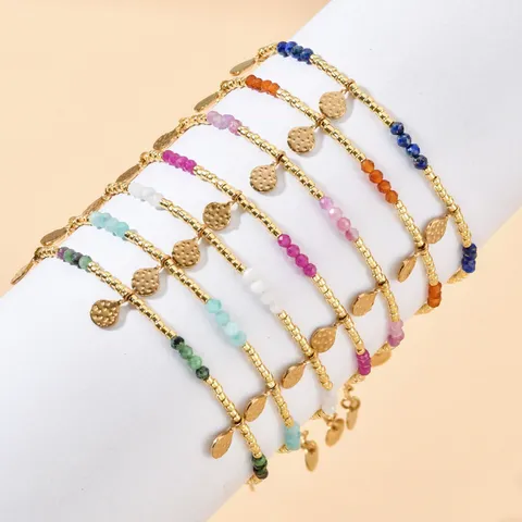 Franse Stijl Natuursteen Armband Voor Dames Handgeweven Roestvrij Staal Gehamerd Hanger Kralen Armband Halfedelsteen Sieraden
