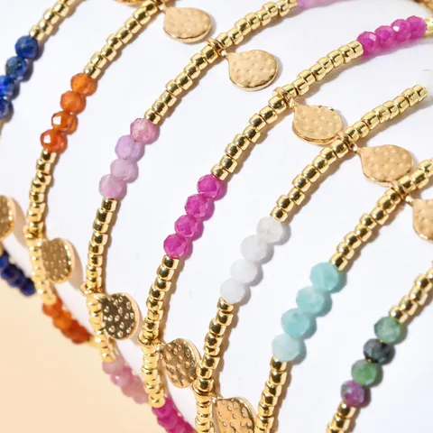 Franse Stijl Natuursteen Armband Voor Dames Handgeweven Roestvrij Staal Gehamerd Hanger Kralen Armband Halfedelsteen Sieraden