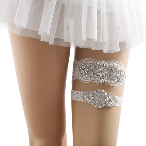 Bridal Lace Garter Belt For Women Wedding Prom Leg Ring Navy Blue White Rhinestone Artificial Pearl Thigh Band