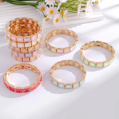 Pulsera Elástica de Cristal Cuadrada Geométrica Bohemia Brazalete de Aleación de Zinc Esmaltada para Mujer Pulsera de Cristal de Vidrio Multicolor Joyería