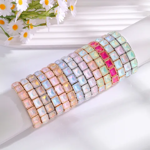 Pulsera Elástica de Cristal Cuadrada Geométrica Bohemia Brazalete de Aleación de Zinc Esmaltada para Mujer Pulsera de Cristal de Vidrio Multicolor Joyería