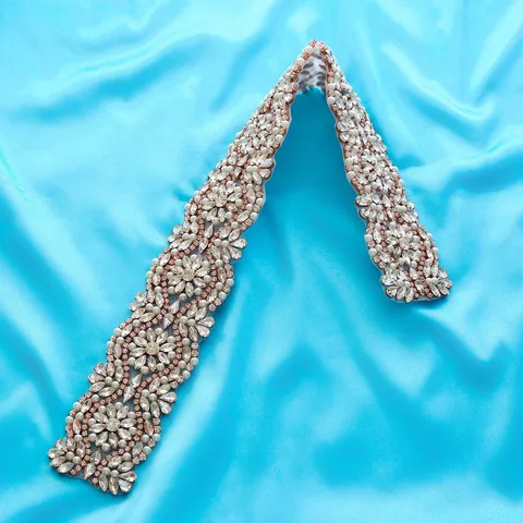 Elegant Bridal Rhinestone Applique Patch For Wedding Dress Belt Trim Sparkly Crystal Pearl Sash Accessory
