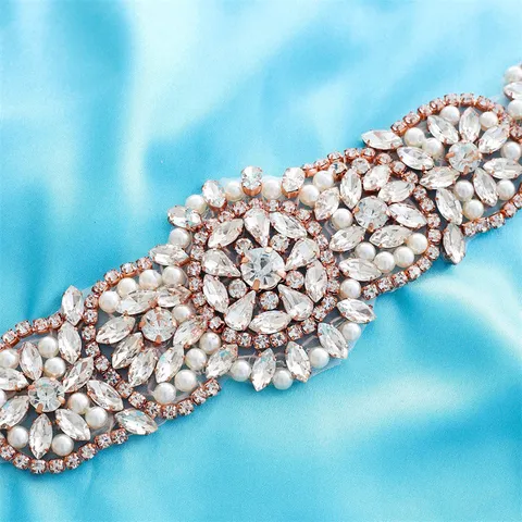 Bridal Rhinestone Applique Belt Wedding Dress Crystal Pearl Trim Sash Sewing Accessories for Women Evening Gown