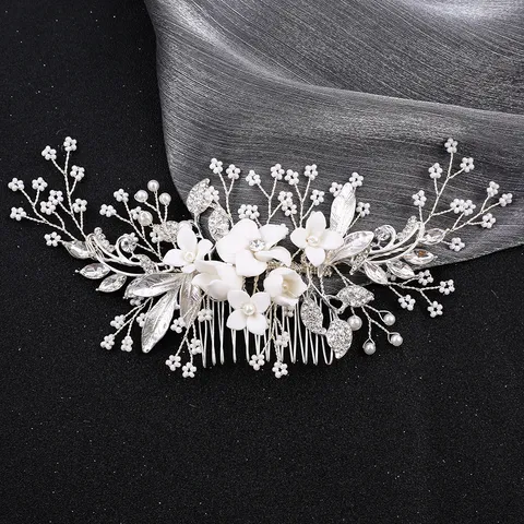 Handgefertigter Keramik Blume Braut Haarkamm Silber Blatt Hochzeit Haarteil Strass Künstliche Perle Haarschmuck