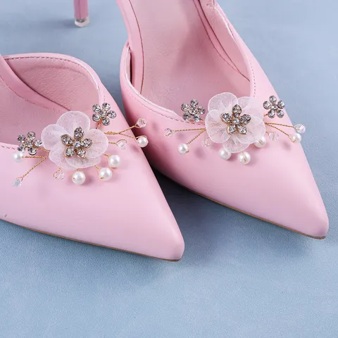 Clips para Zapatos de Boda Nupcial Aleación Desmontable Strass Perla Artificial Flor de Malla Accesorios de Decoración de Zapatos Mujer