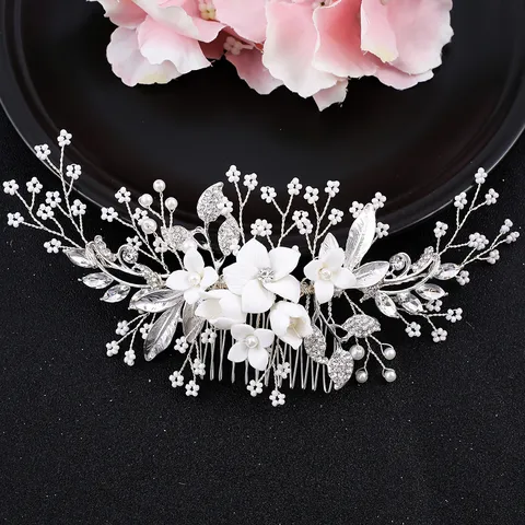 Handgefertigter Keramik Blume Braut Haarkamm Silber Blatt Hochzeit Haarteil Strass Künstliche Perle Haarschmuck