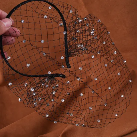 Cerchietto Con Velo da Sposa In Rete E Strass Brillanti Copricapo Bianco E Nero Per Matrimonio Festa Accessori Capelli