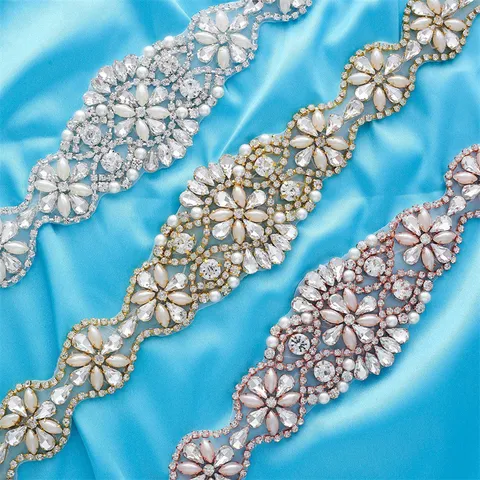 Bridal Rhinestone Belt Applique Wedding Dress Sash Crystal Pearl Sewing Patch For Women Wedding Party Accessories