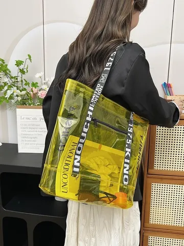 Transparente PVC Tragetasche Große Kapazität Jelly Handtasche Mode Buchstaben Druck Freizeit Reise Strand Umhängetasche Für Damen