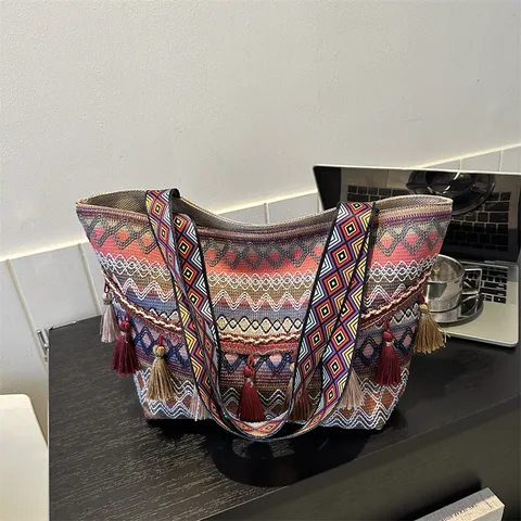 Women Ethnic Style Canvas Tote Bag Large Capacity Commuter Shoulder Bag With Tassels And Geometric Woven Pattern