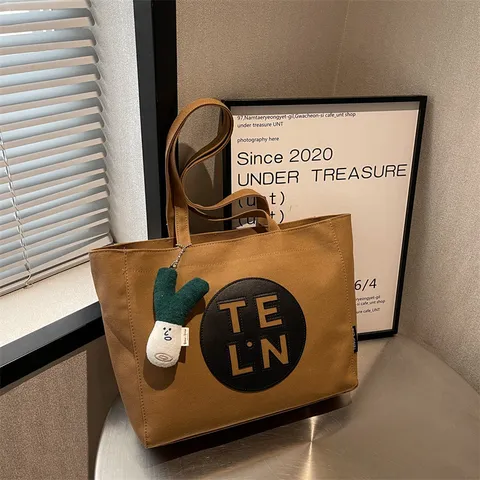 Große Kapazität Segeltuch Tragetasche Für Damen Lässige Waschung Segeltuch Schulter Handtasche Einfarbig Buchstaben Drucken Einkauftasche