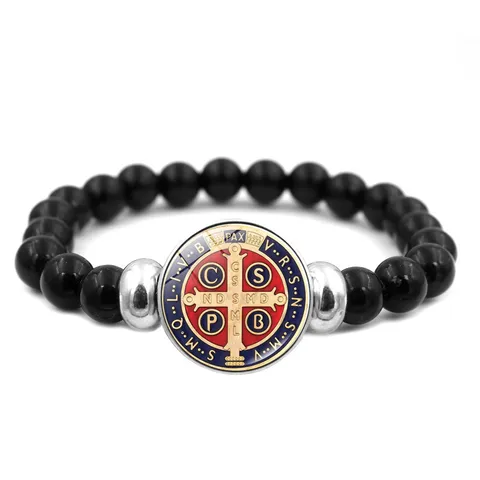 Bracelet Religieux Vintage Médaille Saint Benoît Bracelet Perles Élastique Résine Verre Breloques Bracelet Alliage Électroplaqué Croix Charme Jonc Bijoux Unisexe Cadeau