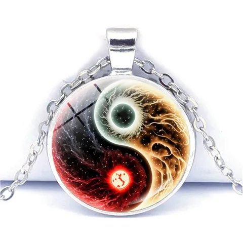 Vintage Yin Yang Tai Chi Anhänger Halskette Zeit Edelstein Glas Cabochon Zinklegierung Kette Spiritueller Schmuck Für Unisex Alltag