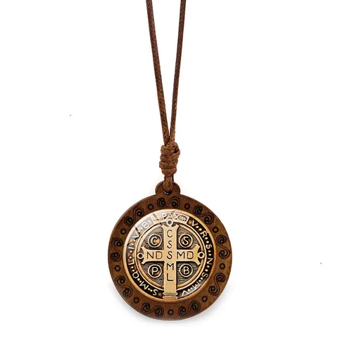 Vintage Wood Saint Benedict Medal Pendant Necklace For Men Women Retro Wax Rope Chain Religious Amulet Protection Jewelry